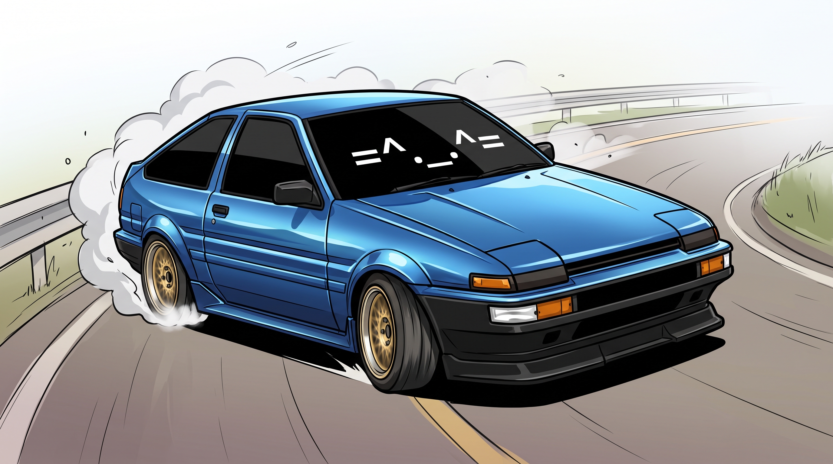 Cell shaded metallic blue Toyota AE86 drifting